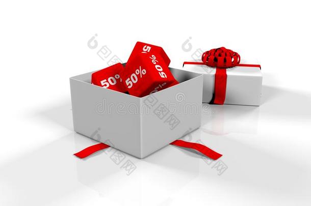 礼品盒，白色背景上有百分比图像的立方体，3D渲染器，