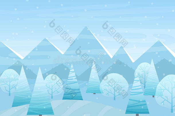 美丽的圣诞冬季平坦的景观背景。 带有山脉的圣诞森林树林。 新年冬季矢量