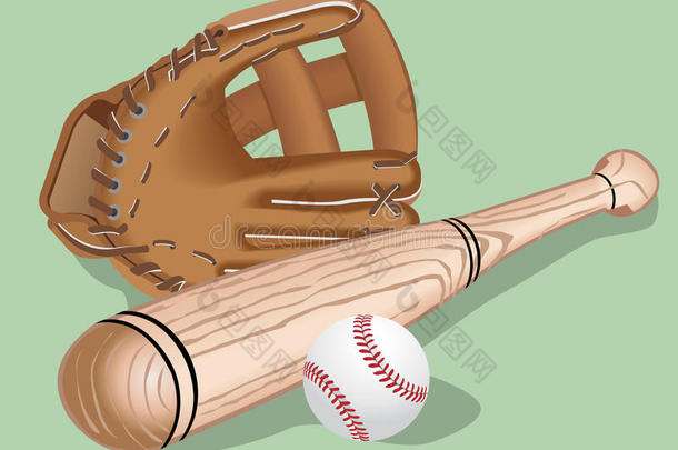 棒球设备：球棒、球和头盔。 矢量写实插图。