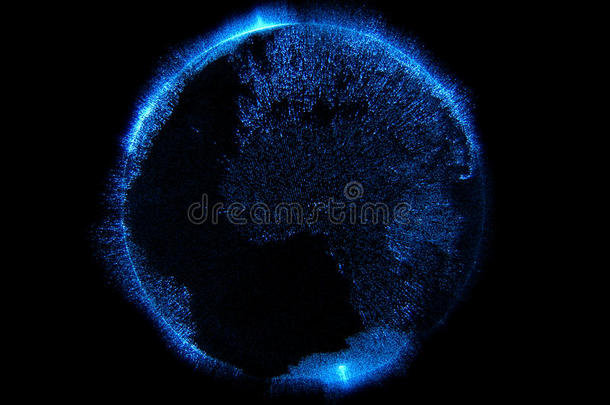 蓝色粒子的三维插图闪耀着黑色背景上详细的虚拟行星地球世界地球仪的形状，