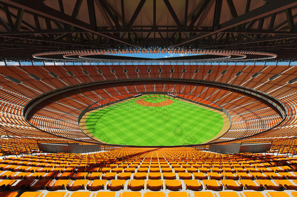 棒球场的三维渲染与橙色座位和VIP盒