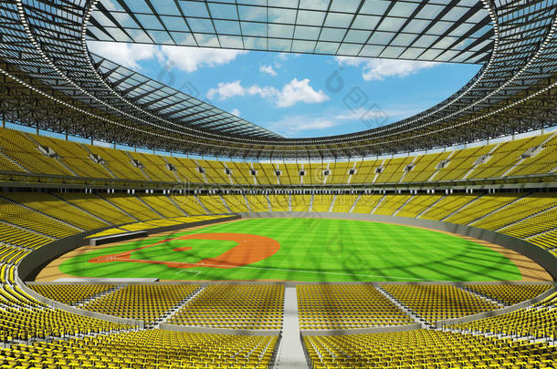 棒球场的三维渲染与黄色座位和VIP盒