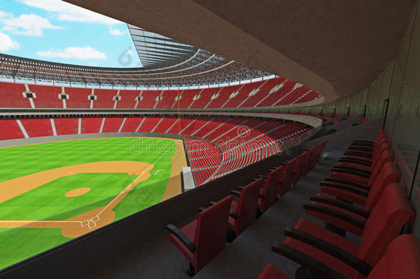 带有红色座椅和VIP盒的棒球体育场的三维渲染