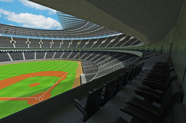 带有黑色座椅和VIP盒的棒球体育场的三维渲染