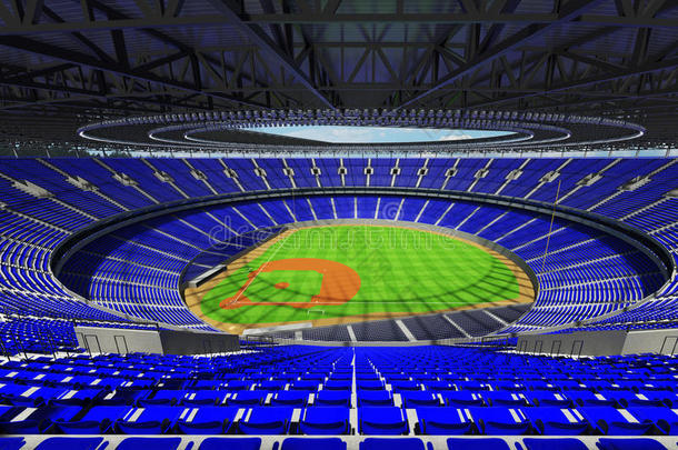 棒球场的三维渲染与蓝色座位和VIP盒