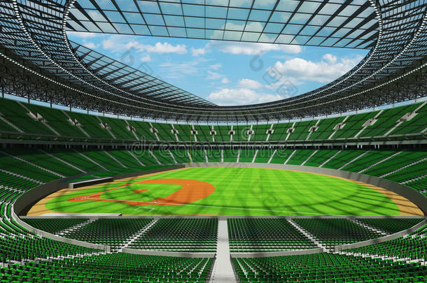 带绿色座位和vip包厢的棒球场三维渲染
