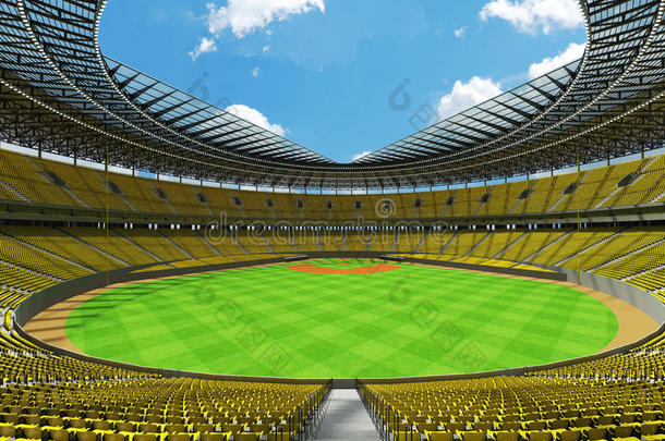 棒球场的三维渲染与黄色座位和<strong>VIP</strong>盒
