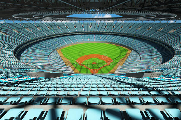 棒球场的三维渲染与天蓝色座位和VIP盒