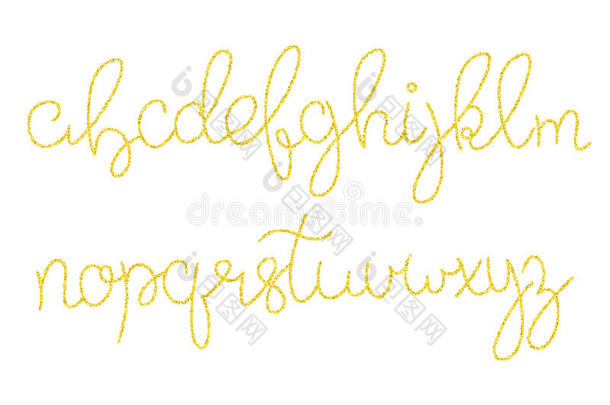 金色闪光脚本字母表。 闪亮的毛笔书法字体
