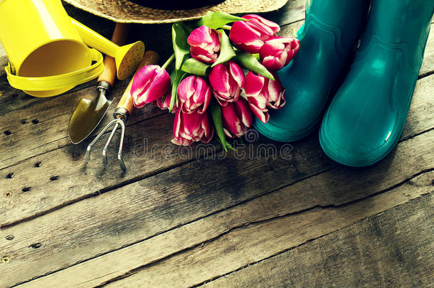 园艺工具，花，浇水罐，橡胶靴和稻草h