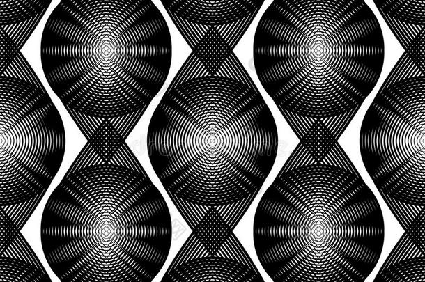 黑白虚幻的抽象无缝图案与重叠的形状。 矢量对称透明背景。