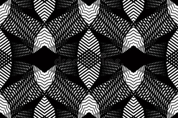 黑白虚幻的抽象无缝图案与重叠的形状。 矢量对称背景，万花筒华丽。