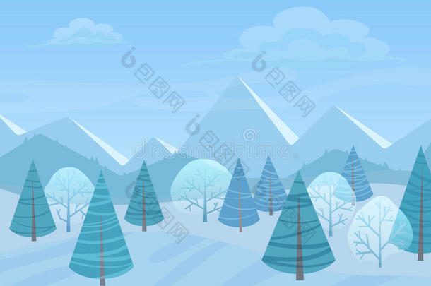 美丽的圣诞冬季平坦的景观背景。 带有山脉的圣诞森林树林。 新年冬季矢量