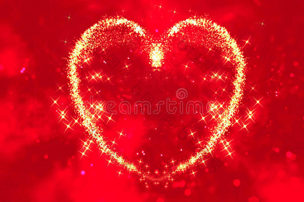 抽象的闪闪发光的粒子，就像红色模糊的背景上的心形，情人节的爱情节日活动
