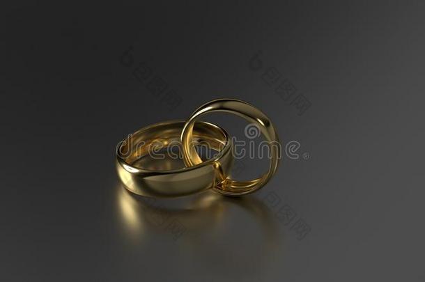 黑色背景上的一对美丽的金色结婚戒指。 三维渲染
