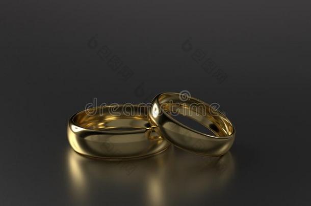 黑色背景上的一对美丽的金色结婚戒指。 三维渲染