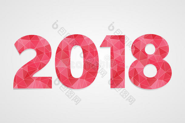 2018多边形向量符号。新年快乐插画。灰色渐变背景上的红色和白色信息图形徽标