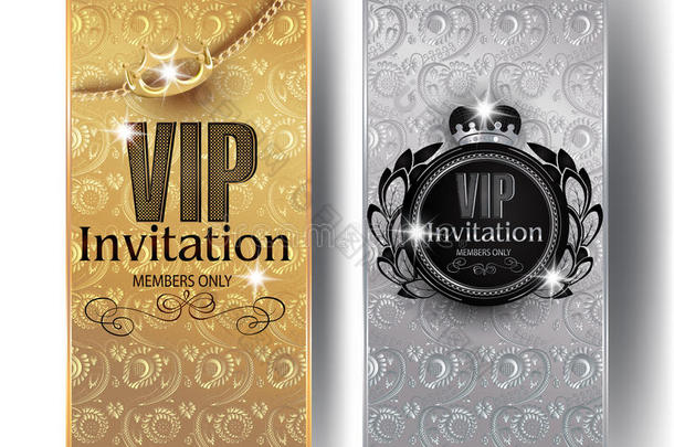 金银VIP邀请卡与花卉设计背景，皇冠和复古框架。