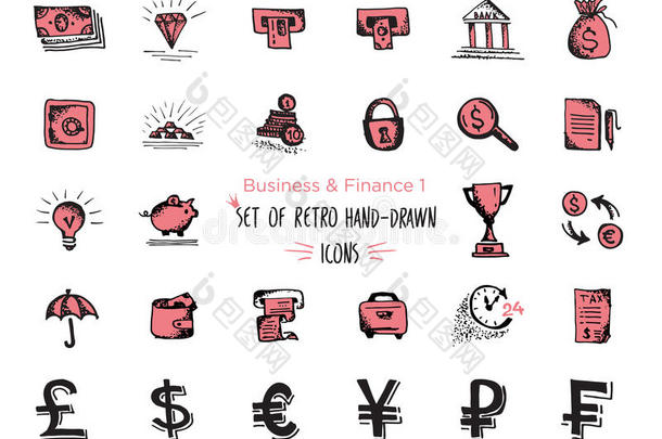 手绘草图金融网页图标集-经济，金钱，支付。 白色背景上孤立的黑色和红色