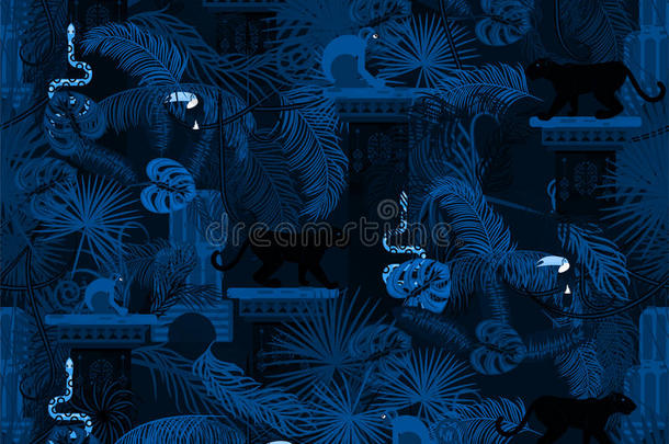 蓝夜雨林野生动植物无缝图案。