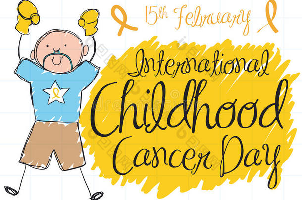 五颜六色可爱的涂鸦男孩为国际儿童癌症日，矢量插图