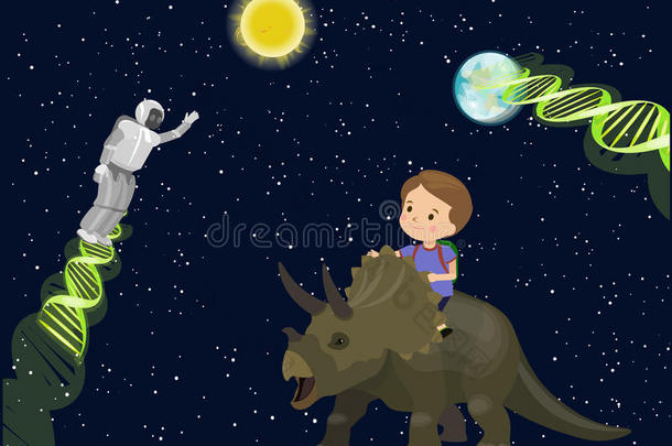 男孩儿童学校骑三轮车恐龙梦想在太空遇到外星机器人DNA。 星星黑暗的天空太阳地球。 矢量可爱的卡通回来