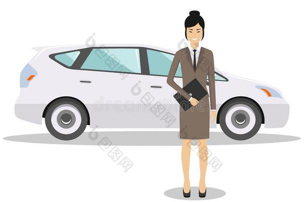 亚洲<strong>女</strong>商人站在蓝色汽车附近，白色背景，<strong>扁平风</strong>格。 商业概念。 详细说明