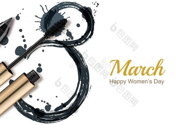 3月8日贺卡，国际妇女`日。 <strong>睫毛膏</strong>，铅笔和水彩第八，。