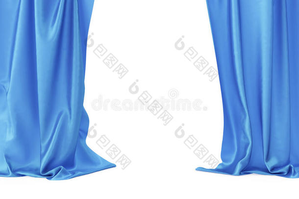 蓝色天鹅绒舞台窗帘，红色剧院窗帘。 丝绸古典窗帘，蓝色剧院窗帘。 三维渲染