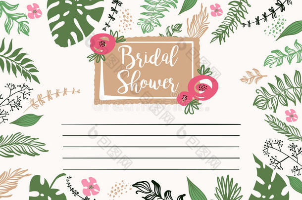新娘淋浴模板。 邀请与文字，请<strong>加入我们</strong>和花卉背景。