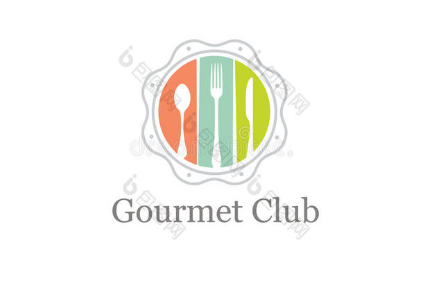 美食美食俱乐部创意矢量设计元素。 勺子，叉子和刀子在异想天开的圆圈里