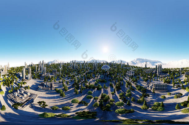 360度。 未来主义城市，城镇。 未来的架构。 空中视野。 三维渲染。 球形全景图