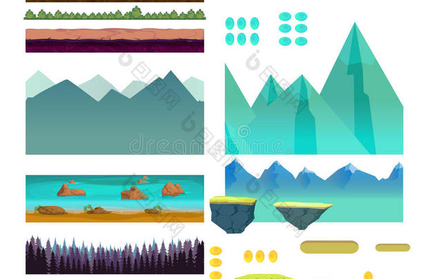 卡通自然景观，矢量无止境的背景与地面，山丘，河流和天空层。 游戏元素