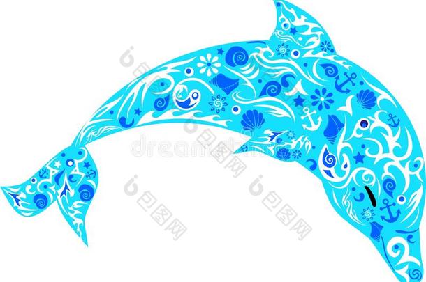 海豚图案，海洋动物，跳跃的鱼，野生动物，哺乳动物插图，矢量绘图