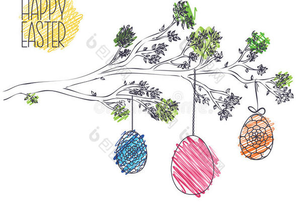 复活节贺卡与<strong>手绘树</strong>枝与树叶和韩