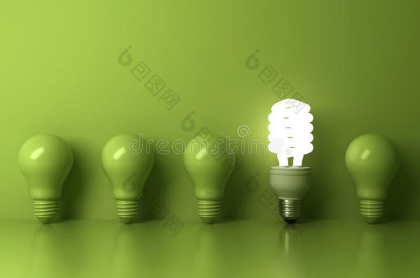 生态节能灯泡，一个发光的紧凑型荧光灯灯泡从未照明的白炽灯泡反射出来