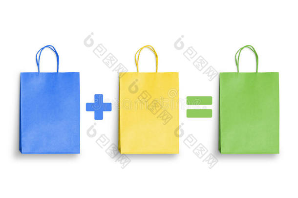 五颜六色的购物袋。 购买加上购买等于总和