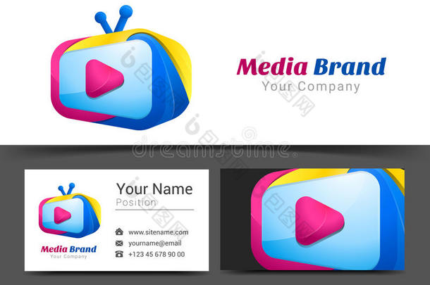 彩色电视媒体公司<strong>标志</strong>和<strong>名片标志</strong>模板。 c