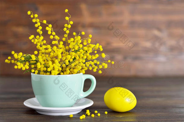 复活节卡片：杯中含羞草和复活节鸡蛋