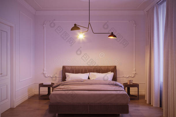 明亮舒适的现代卧室室内设计，白色墙壁，墙壁上的石膏模，和大窗户