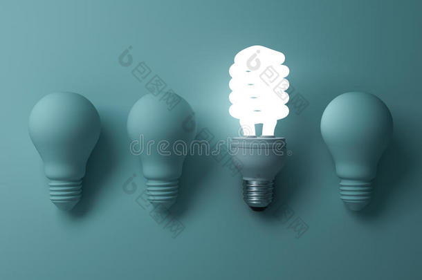 生态节能灯泡，一个发光的荧光灯灯泡从未照明的白炽灯泡中脱颖而出