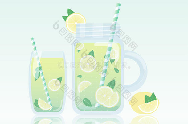 新鲜的自制柠檬水和薄荷。 梅森罐子和一杯加吸管的柠檬水。