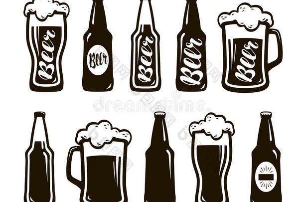 一杯啤酒，啤酒，啤酒。 杯子，一组图标。 啤酒节，餐厅，酒吧，酒吧符号。 矢量插图