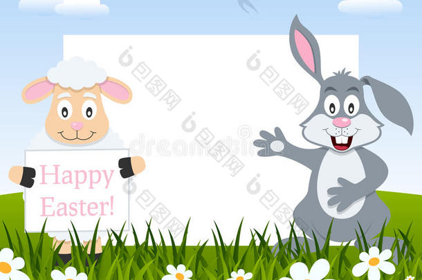 复活节水平框架-羔羊和兔子
