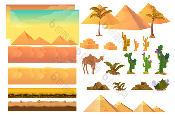 沙漠无缝背景元素，卡通插图移动应用程序，网络，游戏与仙人掌。