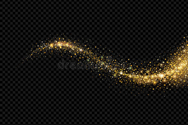 纸屑闪闪发光的波浪。 矢量金色闪闪发光的彗星尾巴在黑色背景上。