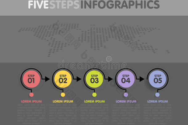 业务信息图表模板。 时间线有5个圆圈<strong>箭头</strong>步骤，五个数字选项。 背景中的世界地图。 <strong>矢量元素</strong>