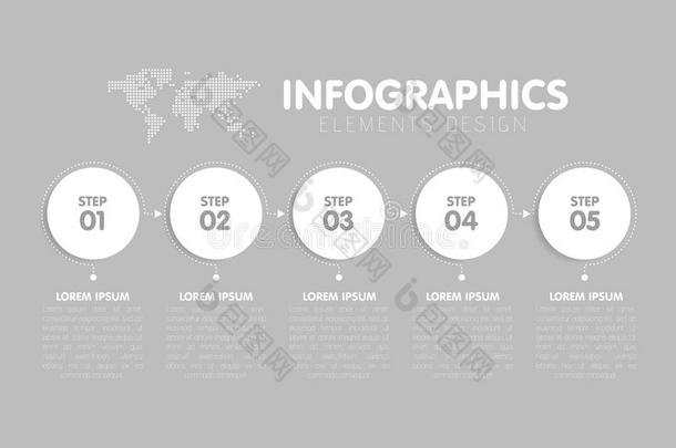 业务信息<strong>图表</strong>模板。 时间线有5个圆圈<strong>箭头</strong>步骤，五个数字选项。 背景中的世界地图。 <strong>矢量</strong>元素