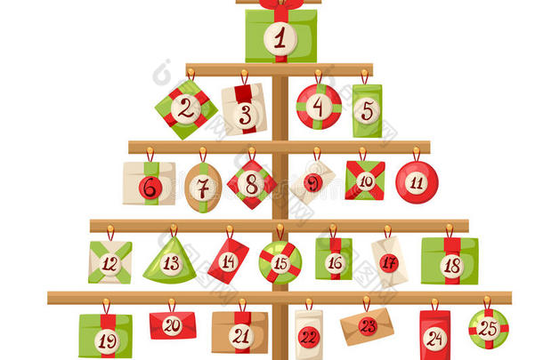 圣诞来临日历与圣诞老人，驯鹿，雪人和礼物来临日历与圣诞元素海报，伊卢