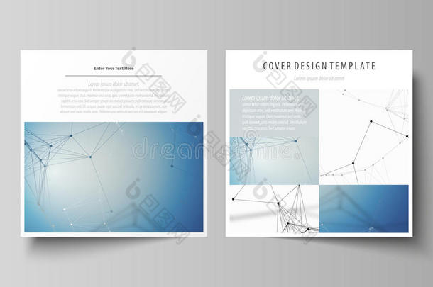 广场设计手册、传单、小册子、报告的业务模板。 传单封面，矢量布局。 几何蓝色